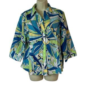 Chico’s Colorful Art To Wear Blue Green Yellow Button Down Sz 3 Petite